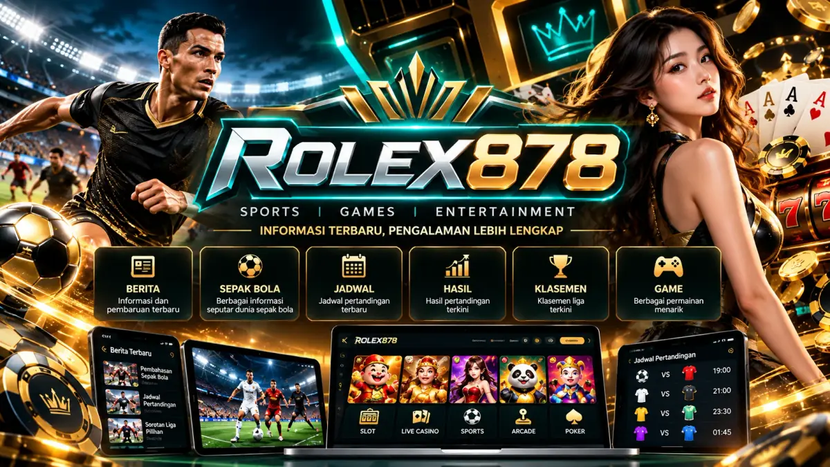 Banner ROLEX878 dengan menu berita, sepak bola, jadwal, hasil, klasemen, dan game